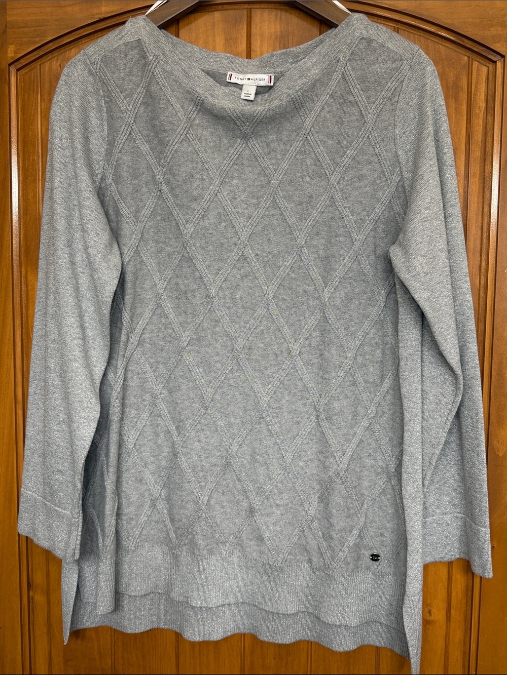 Tommy Hilfiger Women's Gray Metallic Argyle Diamond Pullover Knit Sweater Size L